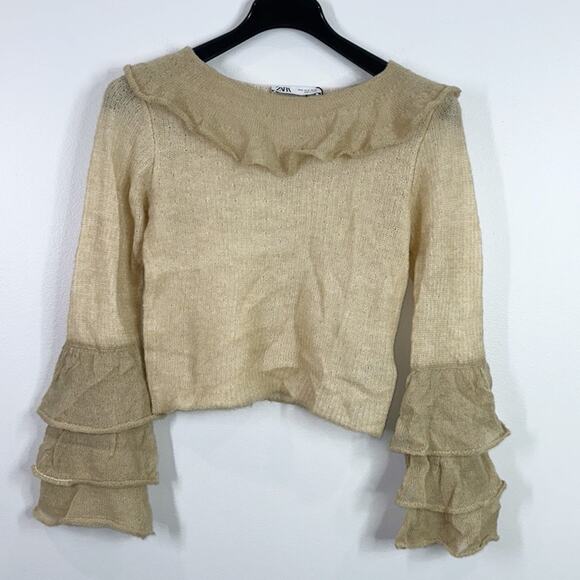 Zara alpaca wool blend ruffle sleeve lightweight knit sweater size medium - Picture 3 of 8